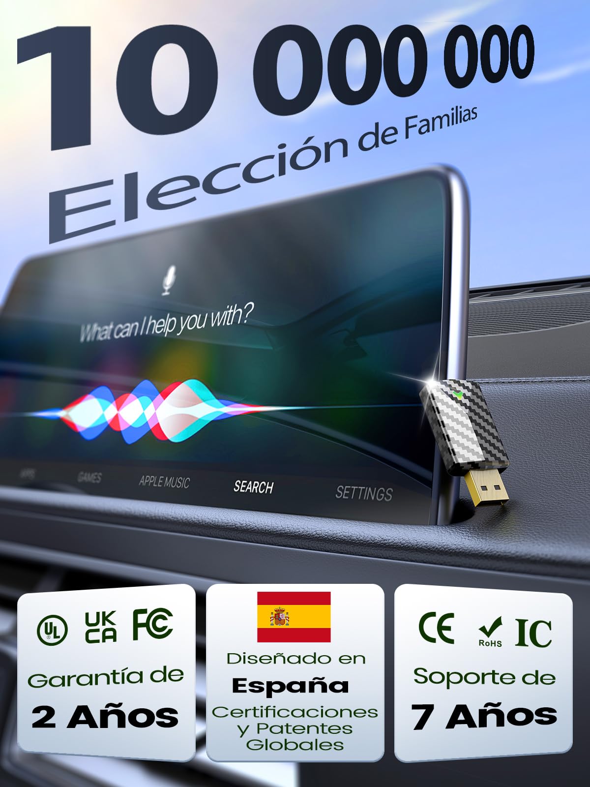 Mini Adaptador CarPlay Inalámbrico y Android Auto Inalambrico, Diseño Fibra de Carbono, USB-A/C Metálico, Sin Latencia, Conexión Estable, Compatible con iPhone iOS 10+ y Android 10+