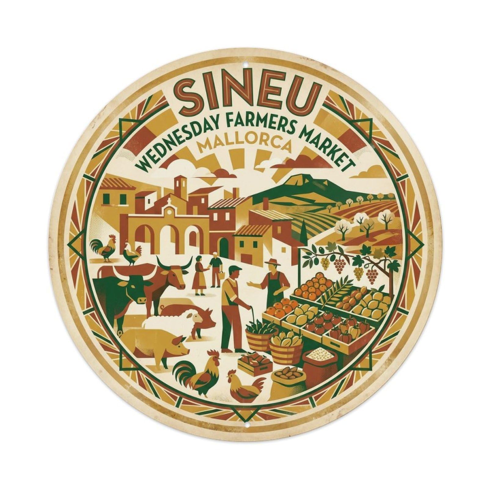 Olyhtr 8X8inch Classic Style Sineu Market Mallorca Historic Town Mediterranean Metal Tin Sign