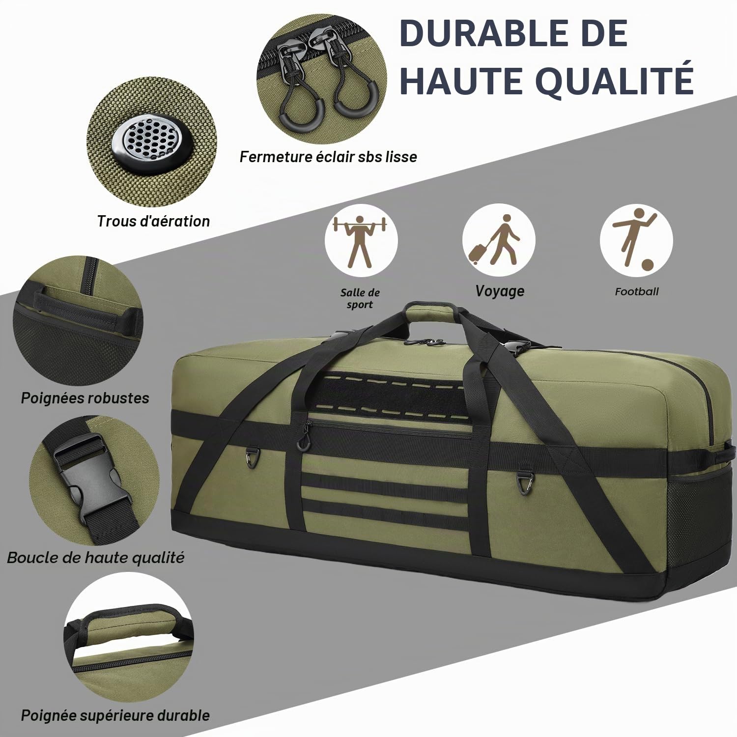 Sac de voyage de 125 l - Grand sac de sport pour homme - XXL - Pour sauna, fitness, week-end, camping, vert, sporttasche 125L, Classique