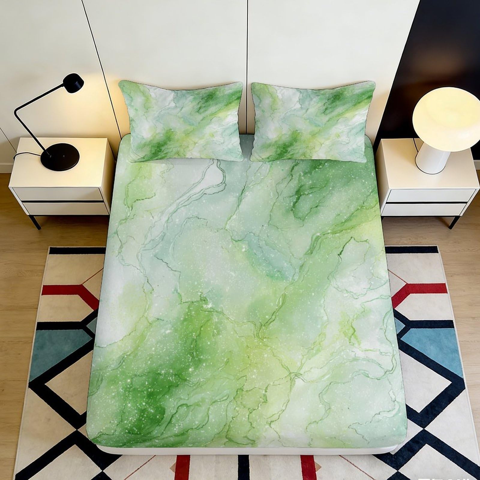 3D Printed Watercolor Green Fitted Sheet Microfiber Soft Botanical Marble Bed Sheet for Home Guestroom Decor Mattress Protection 90x200x25cm