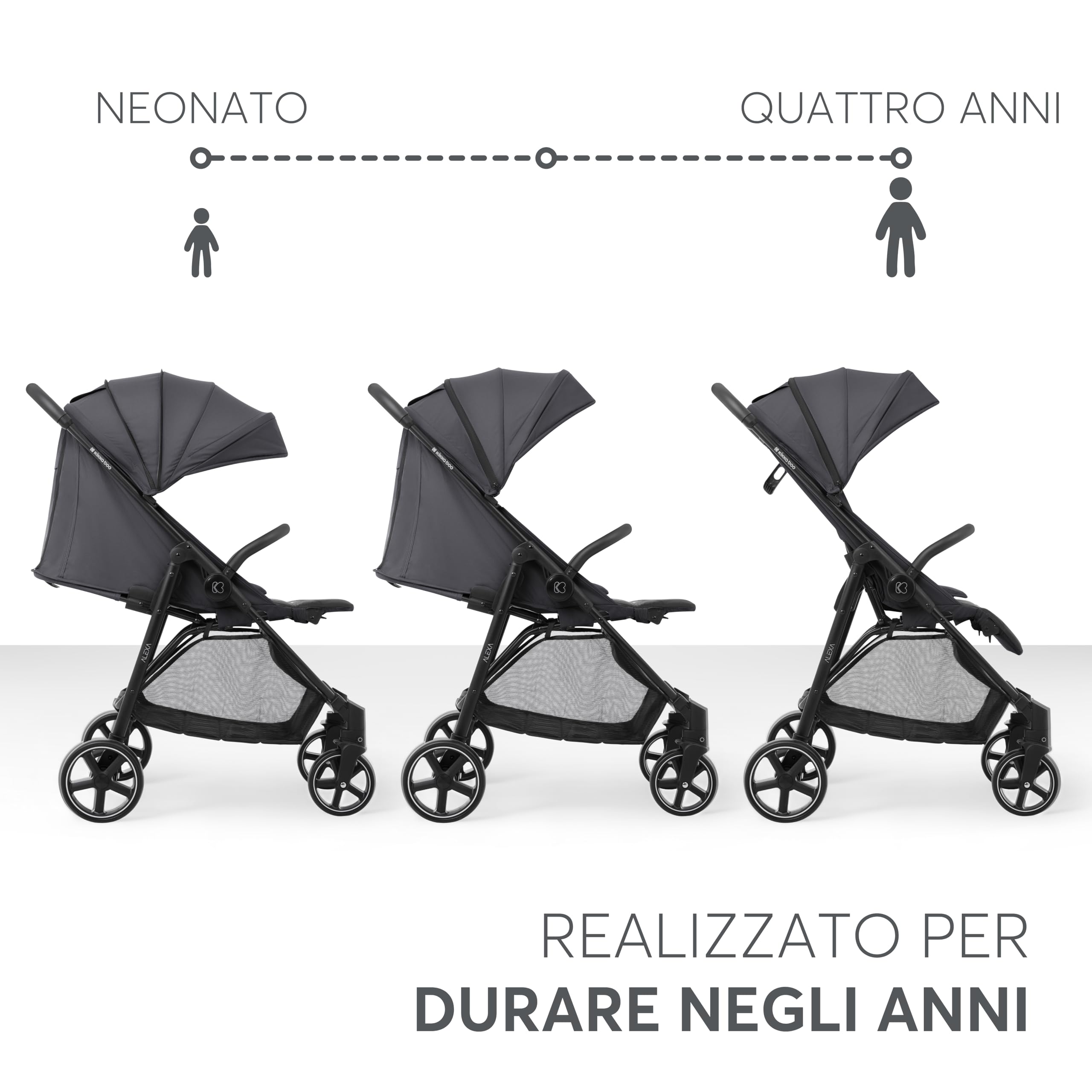 KikkaBoo ALEXA Passeggino Leggero dalla nascita fino a 22 kg, Pieghevole con una mano, Schienale reclinabile, Ruote con sospensioni, Poggiapiedi regolabile, Cintura di sicurezza a 5 punti, Grigio