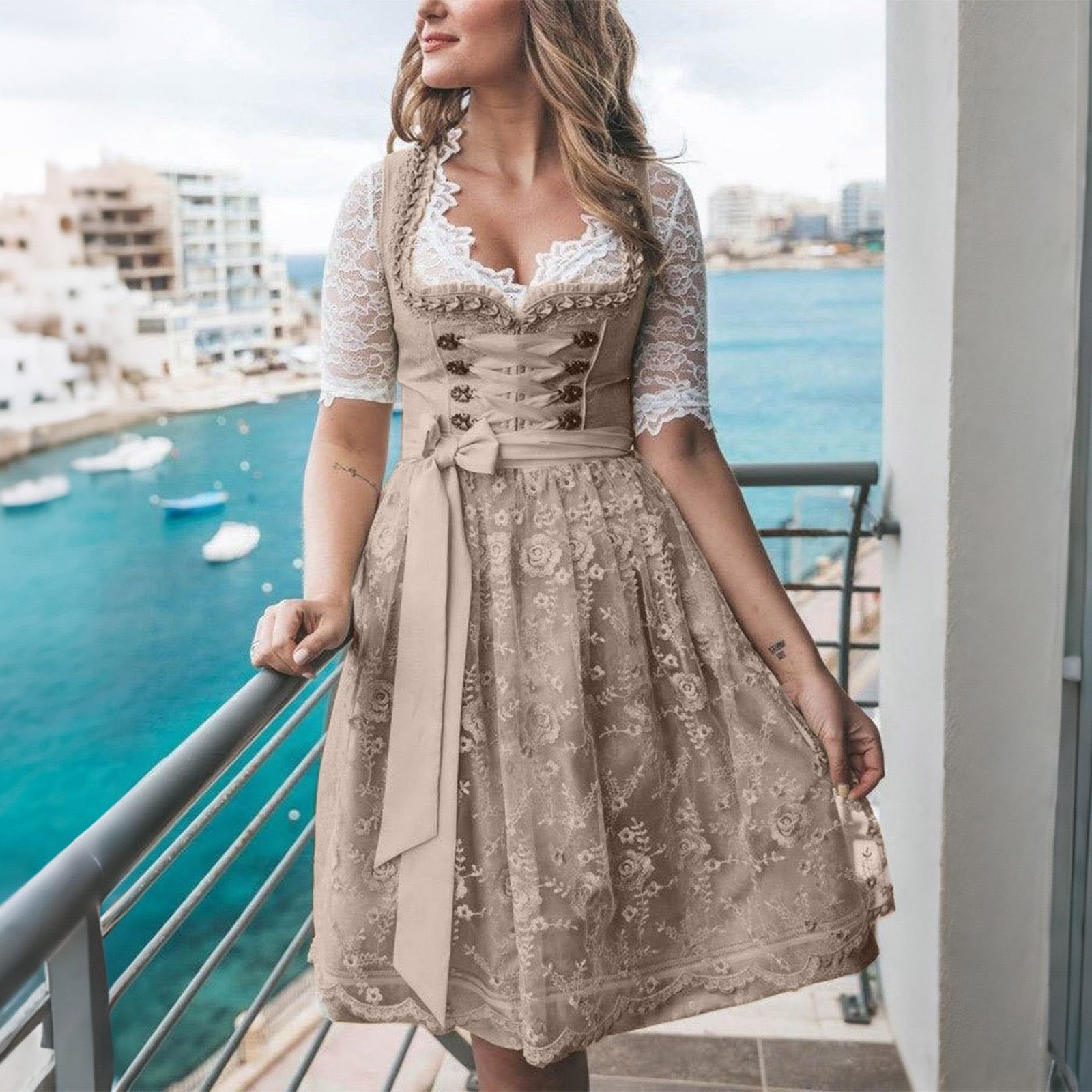 Dirndl Damen Trachtenkleid Klassisches Dirndl für Damen Elegantes Trachtenrock Midi Dirndlkleid für Oktoberfest