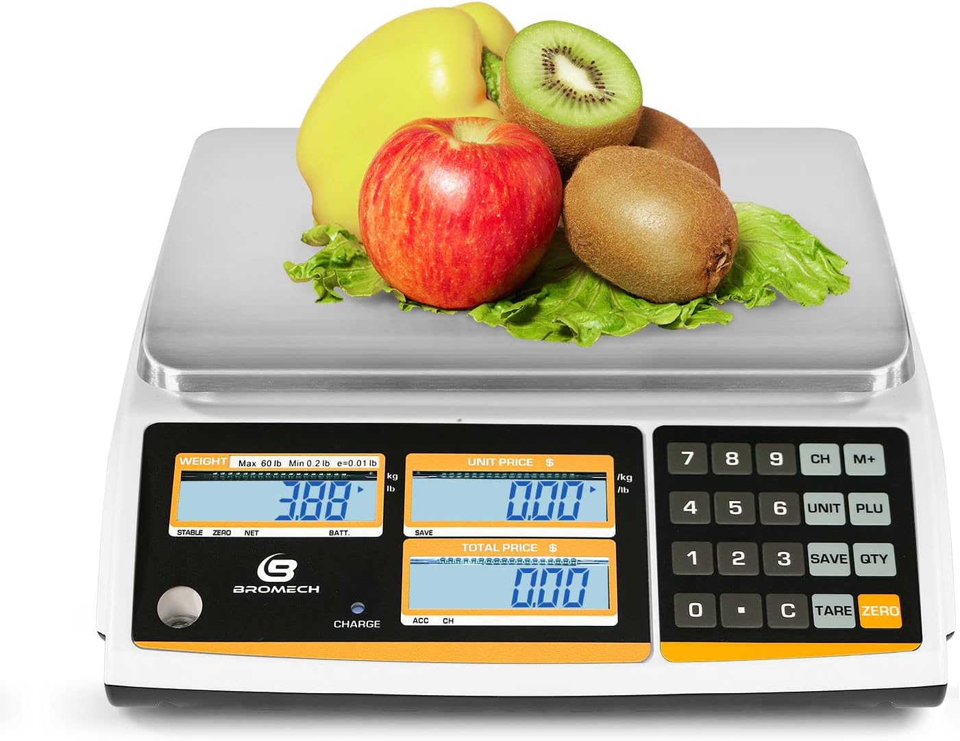 NTEP Certified Scale Price Computing, 60lb Capacity, 0.01lb Readability Rechargeable Commercial Food Produce Scale for Farmers Markets, Grocery Stores, Delis, Legal for Trade, COC #21-001