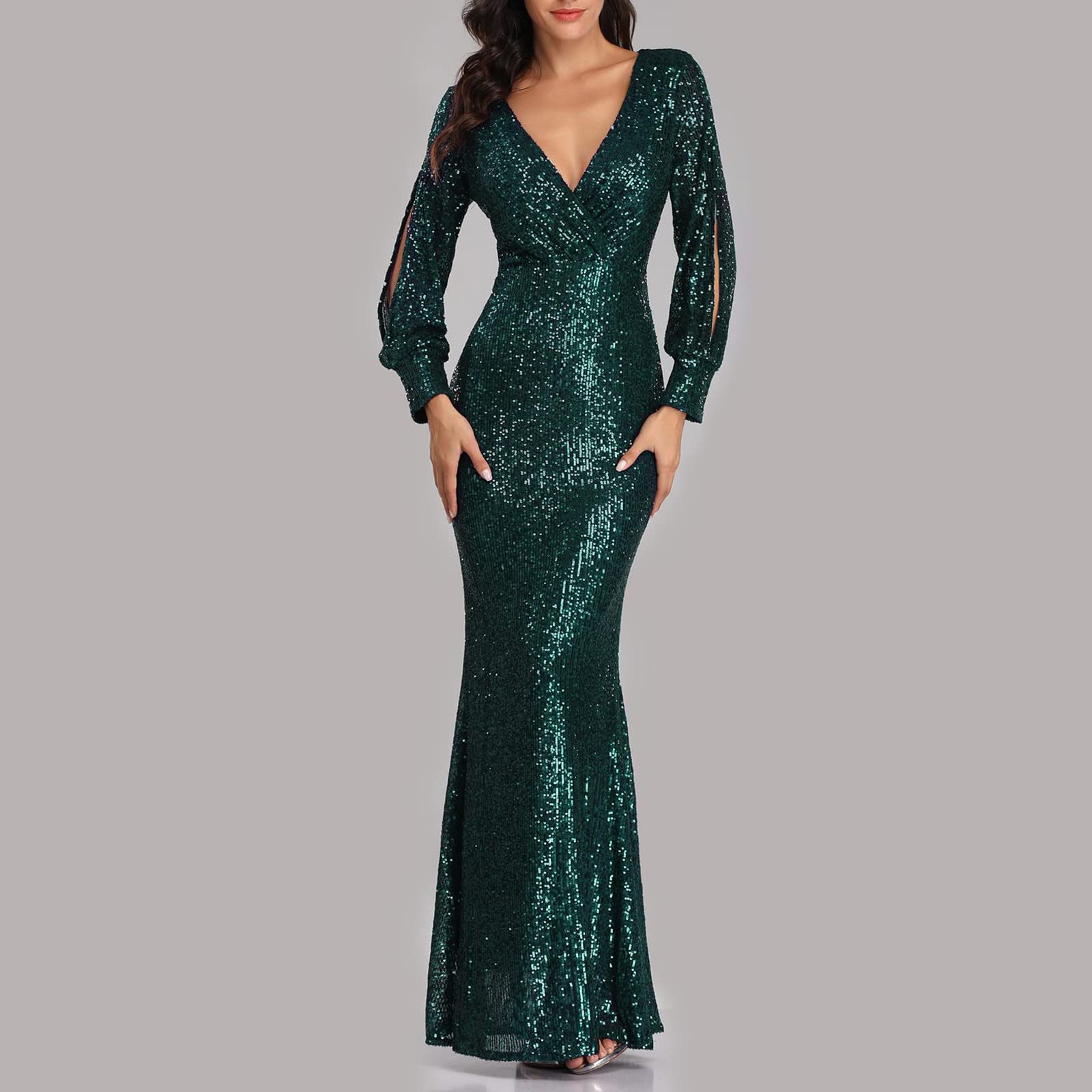 Nidddiv Vestido largo para mujer, elegante, manga larga, vestido de noche, cuello en V, lentejuelas, ajustado, vestido de cóctel, vestido de noche, vestido de fiesta, vestido de fiesta