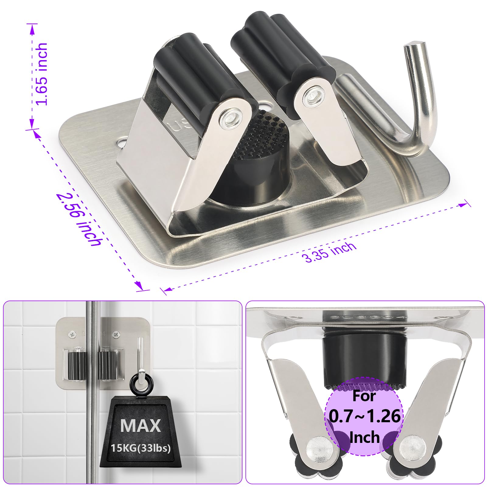 Soporte para escoba de montaje en pared, resistente acero inoxidable para fregona perforado, perfecto para organizador de lavandería, cocina, garaje, jardín 2
