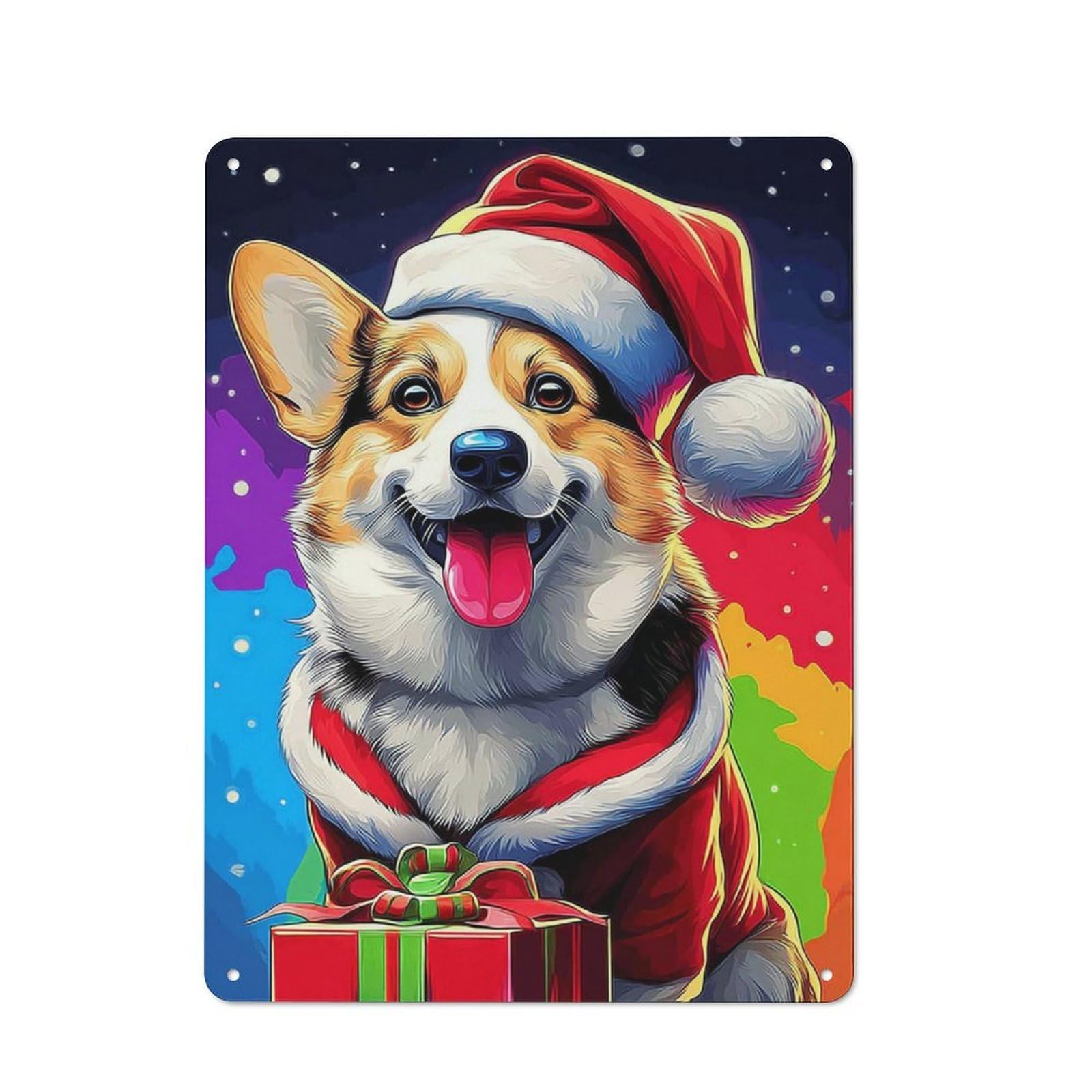 Junmoney Christmas Corgi With Festive Gift Printed Metal Sign 40X30cm For Hobby Room Or Studio, Gift Idea At Christmas For Creative Interior Collectors