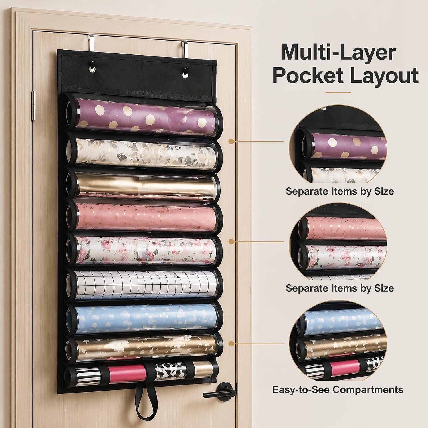 Lolytama Gift Bag Storage Organizer, 23.2 x 16.1 Inch Hanging Wrap Holder with Clear Pockets and 2 Over Door Hooks, Gift Wrapping Paper Storage for Tissue Paper, Ribbons, Bows, Cards, Black