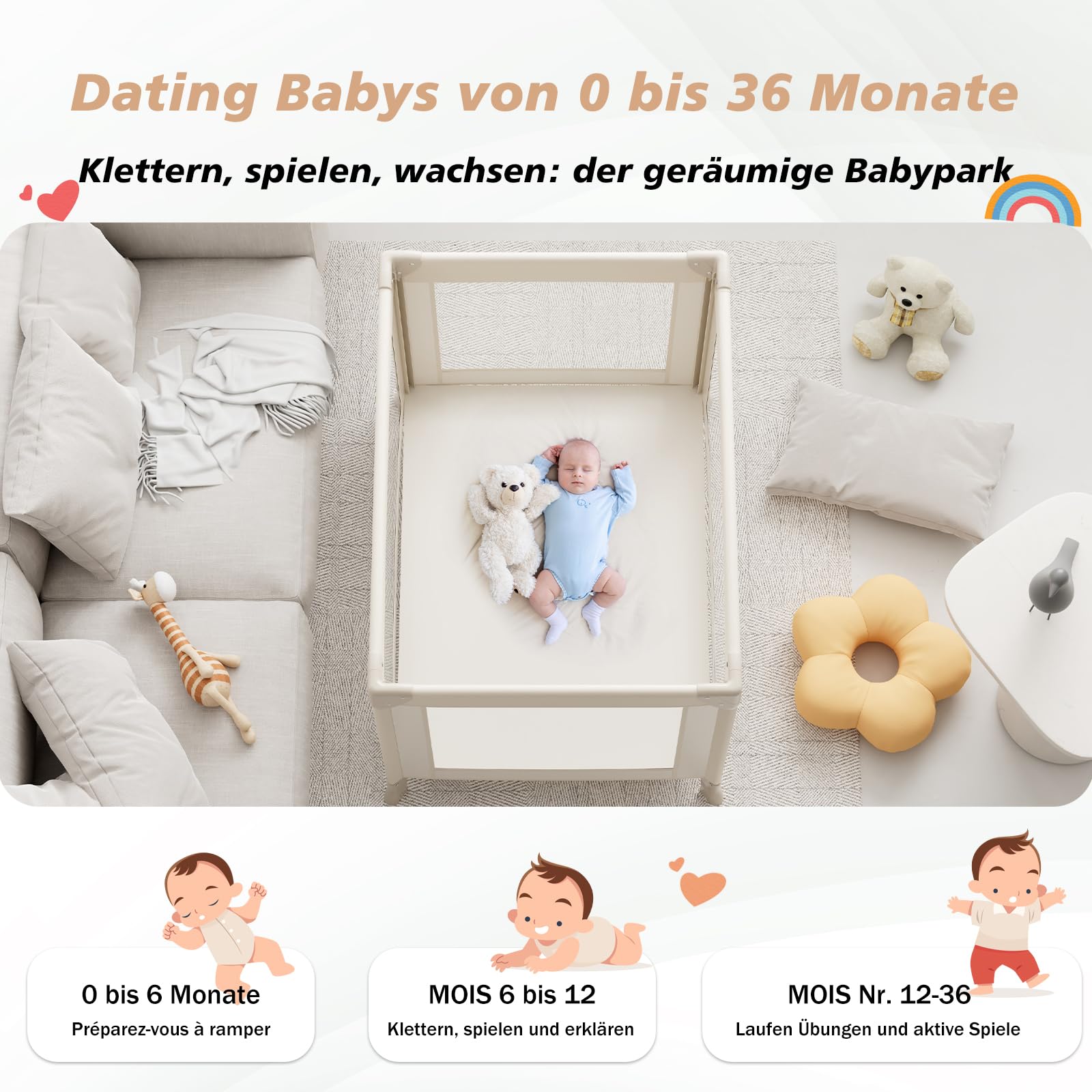Klappbares Baby Reisebett, Mini Laufstall 100×70×70 cm – leichtes Reise-Klappbett, nutzbar als Babybett, Spielbereich, Hundelaufstall, Katzengehege, inklusive Tragetasche(Khaki)