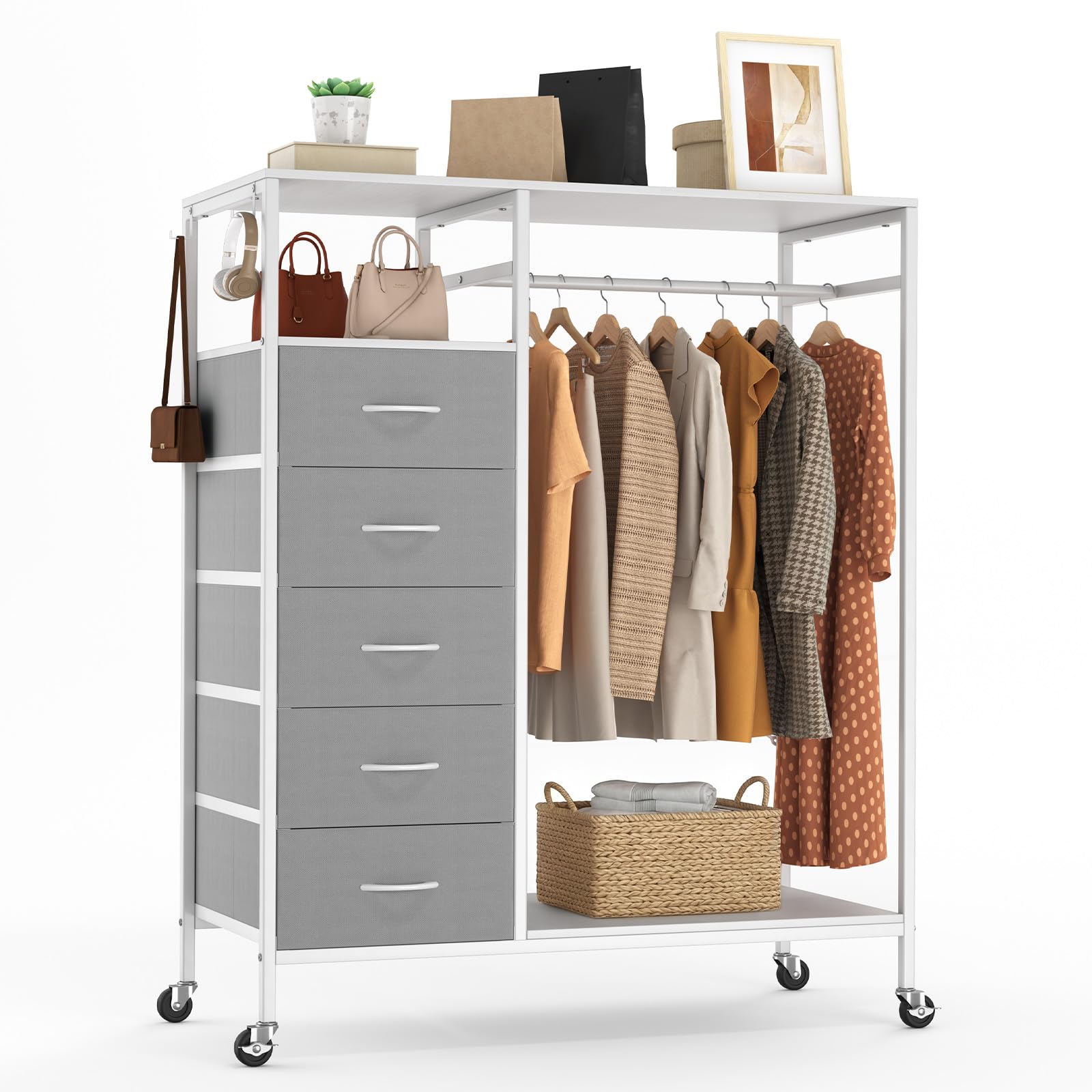 HOKEEPER Kleiderständer auf Rollen | Kleiderstange, Kleiderschrank, Clothes Rack, 4 Rollen, 2 feststellbar, einfache Montage, langlebig, Offener Kleiderschrank