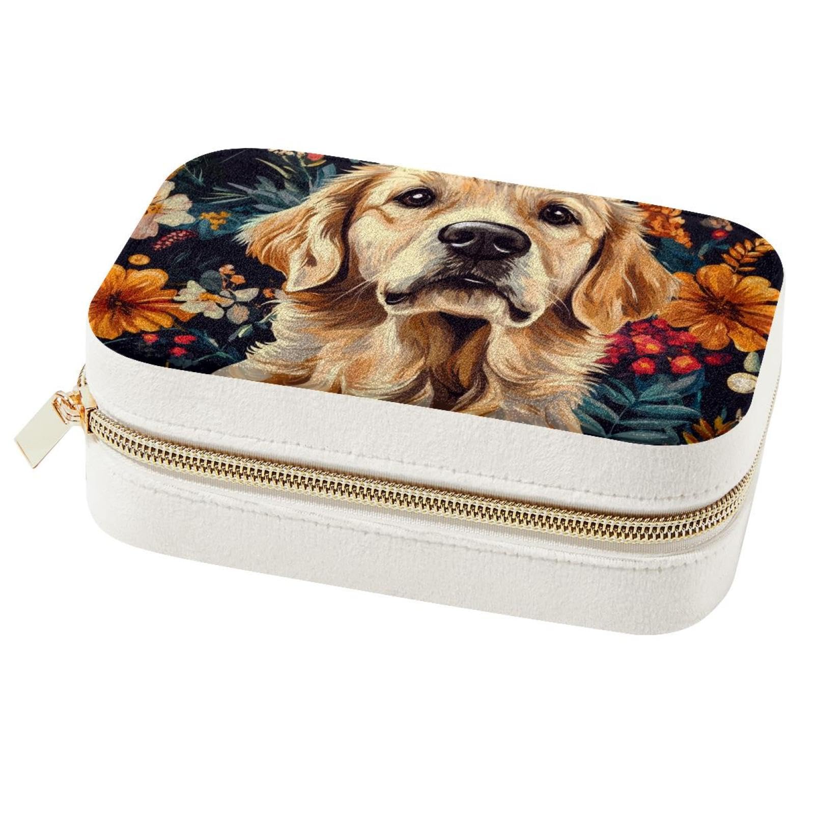 Boîte à bijoux portable Golden Retriever fleurie, organisateur de voyage colliers et boucles