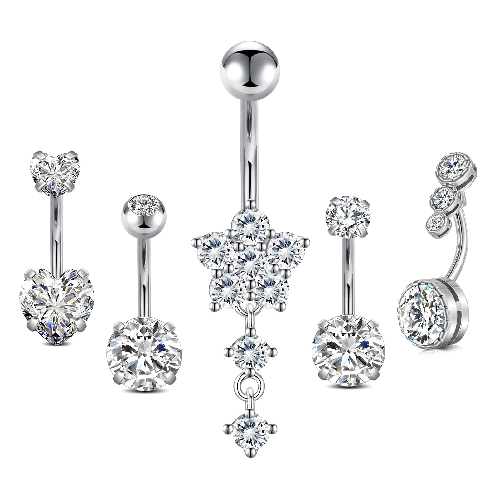 AceFun Piercing para ombligo, barra corta de acero inoxidable, de plata de ley, para mujer, con perlas de circonita, piercing para ombligo, joyería