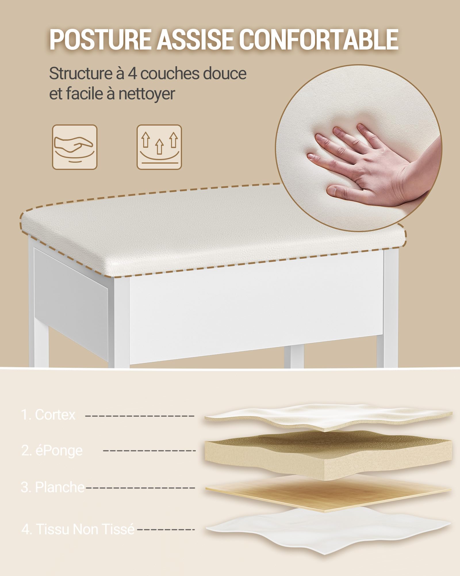 Hzuaneri Tabouret De Coiffeuse, Repose Pieds De Salon, Banc De Chambre, Tabouret De Coiffeuse Rembourré, IdéAl pour Le Dressing, La Chambre à Coucher Ou L'EntréE, 30 x 40 x 46 cm, Blanc VS32503X