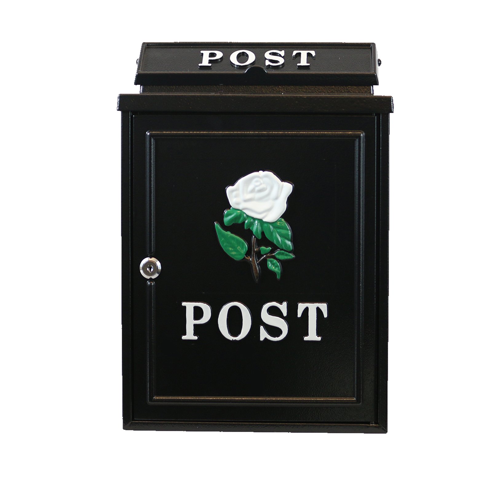 16'' Inch Arboria #POST80 Post Box Black White Rose Design - Letter - Mail - Postbox