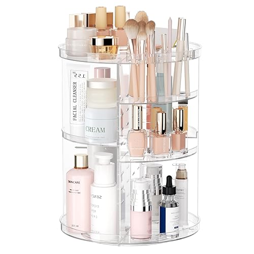 Rotating Makeup Organizer, DIY 8 Adjustable Layers Spinning Skincare Organizer, Cosmetic Display Case with Brush Holder Perfume Tray, Multi-Function Storage Carousel for Vanity Bathroom Countertop - Clear