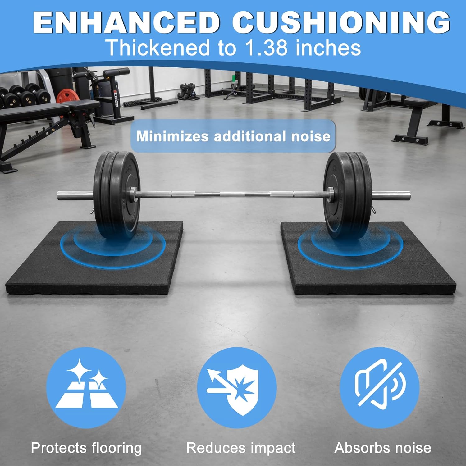 tonchean 1.38" Thicker Heavy-Duty Rubber Exercise Equipment Mats, 2 Pack 20" x 20''Anti-Vibration Gym Floor Mats,Anti-Slip Shock-Absorbing Floor Protectors for Deadlift Platforms Home Cushion