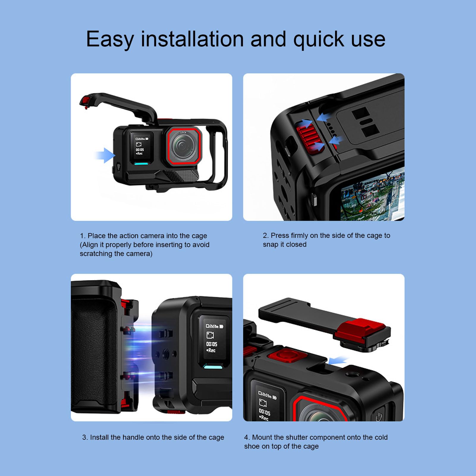Denash Kit Street Grip per Ace Pro 1 2 Action Camera Gabbia Modulare in Lega di Alluminio con Pattino Freddo Filettatura da 1/4 di Pollice per Accessori Fotografici All'a