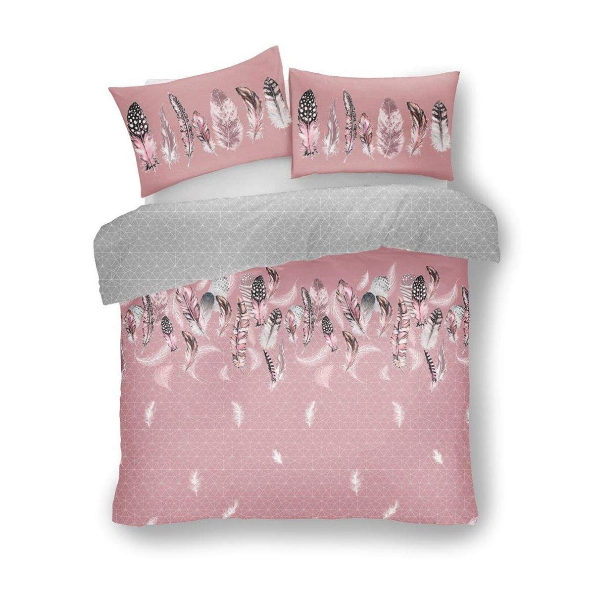 FAIRWAYUK Pink Duvet Cover, Feathers Bedding Set, Double Size Reversible Quilt with 2x Pillow Case, Poly-Cotton, Easy Care