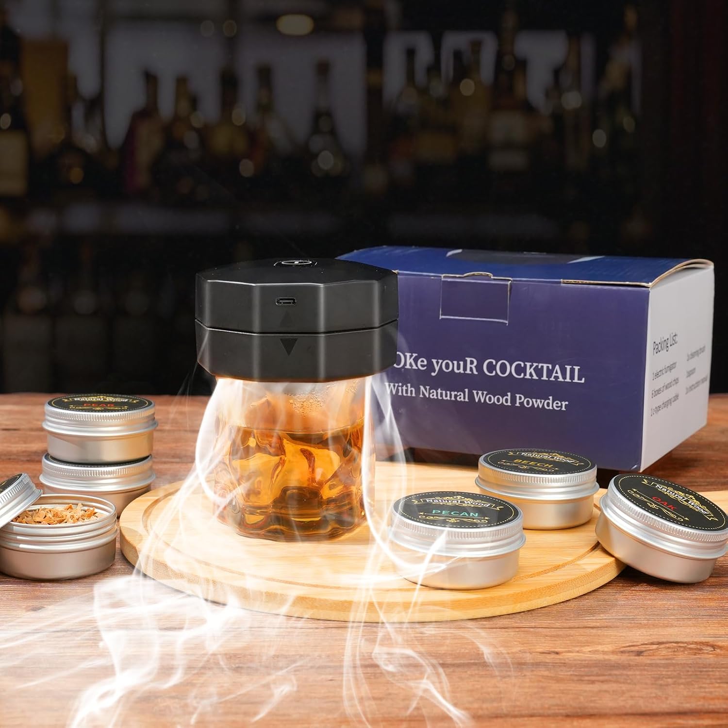 Electric Cocktail Smoker Kit with 6 Natural Wood Chips,Built-in Lighter, No Butane Needed, Smoke Infuser Set with Pecan, Oak, Apple, Pear, Cherry, Beech Flavors,Whiskey Gifts for Men,Dad,Husband