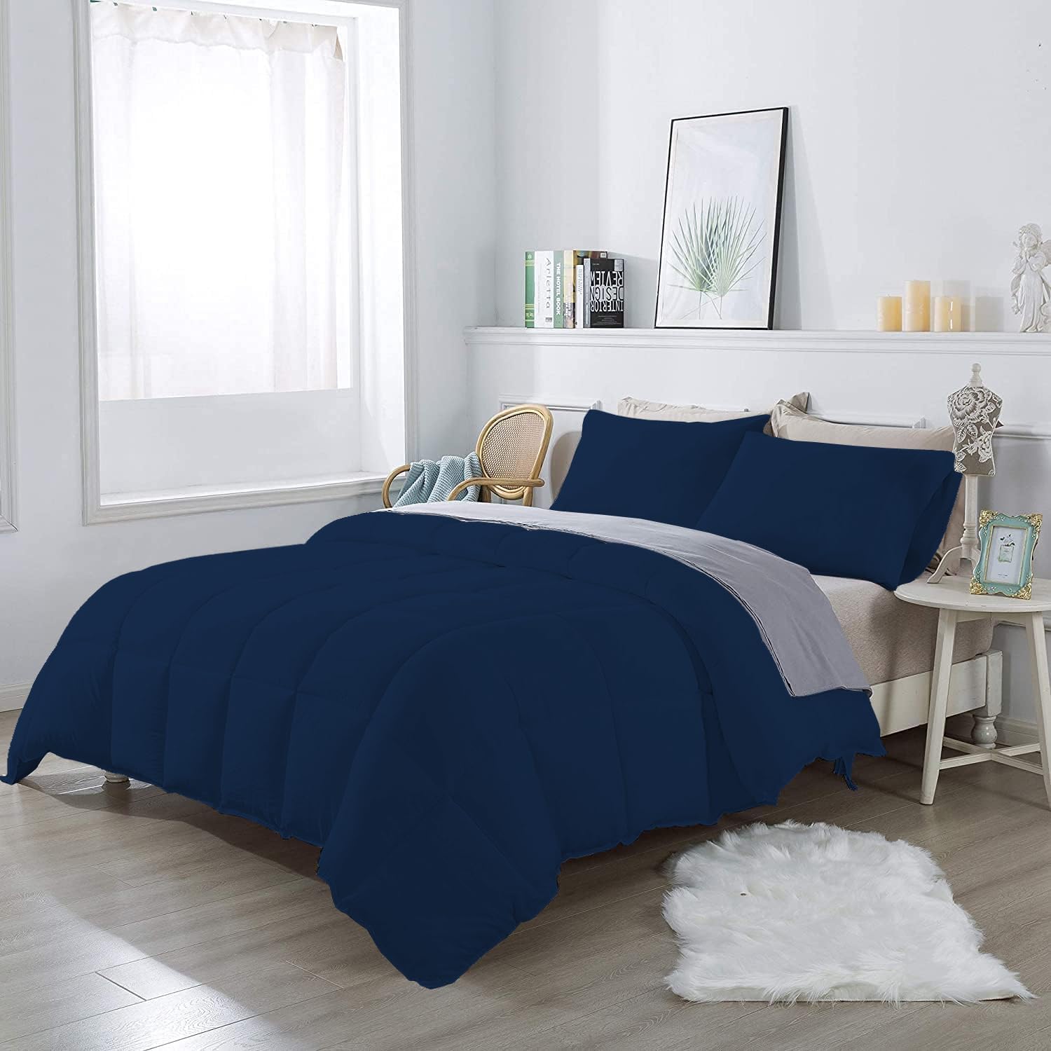 3Pcs Comforter Set 100% Egyptian Cotton 800 Thread Count - Full/Queen Size (90" x 90") Inch,Soft and Breathable Comforter Set - Navy Blue Solid