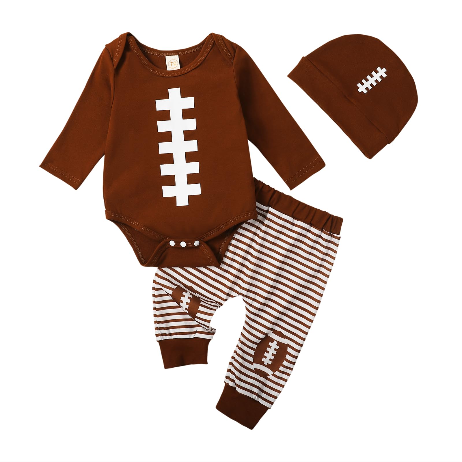 Lamuusaa Newborn Baby Boy Football Outfit Long Sleeve Romper Shirts Stripe Long Pants Hat Coming Home Outfit 0-18M (Brown, 0-3 Months)
