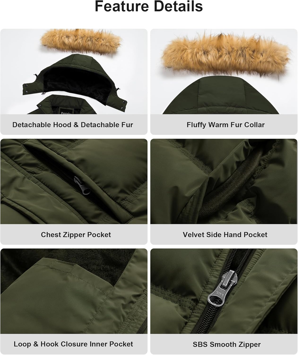 Pursky Men's Puffer Jacket Waterproof Winter Bubble Coats Ski Parka Fur Hooded