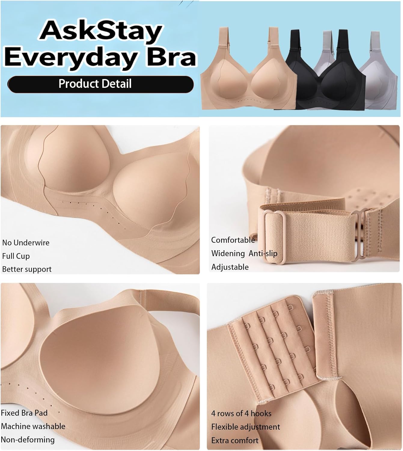 Women's Wireless Full Cup Bra - Side Support Gathering Everyday Comfort Bra with Fixed Pads - Image 4