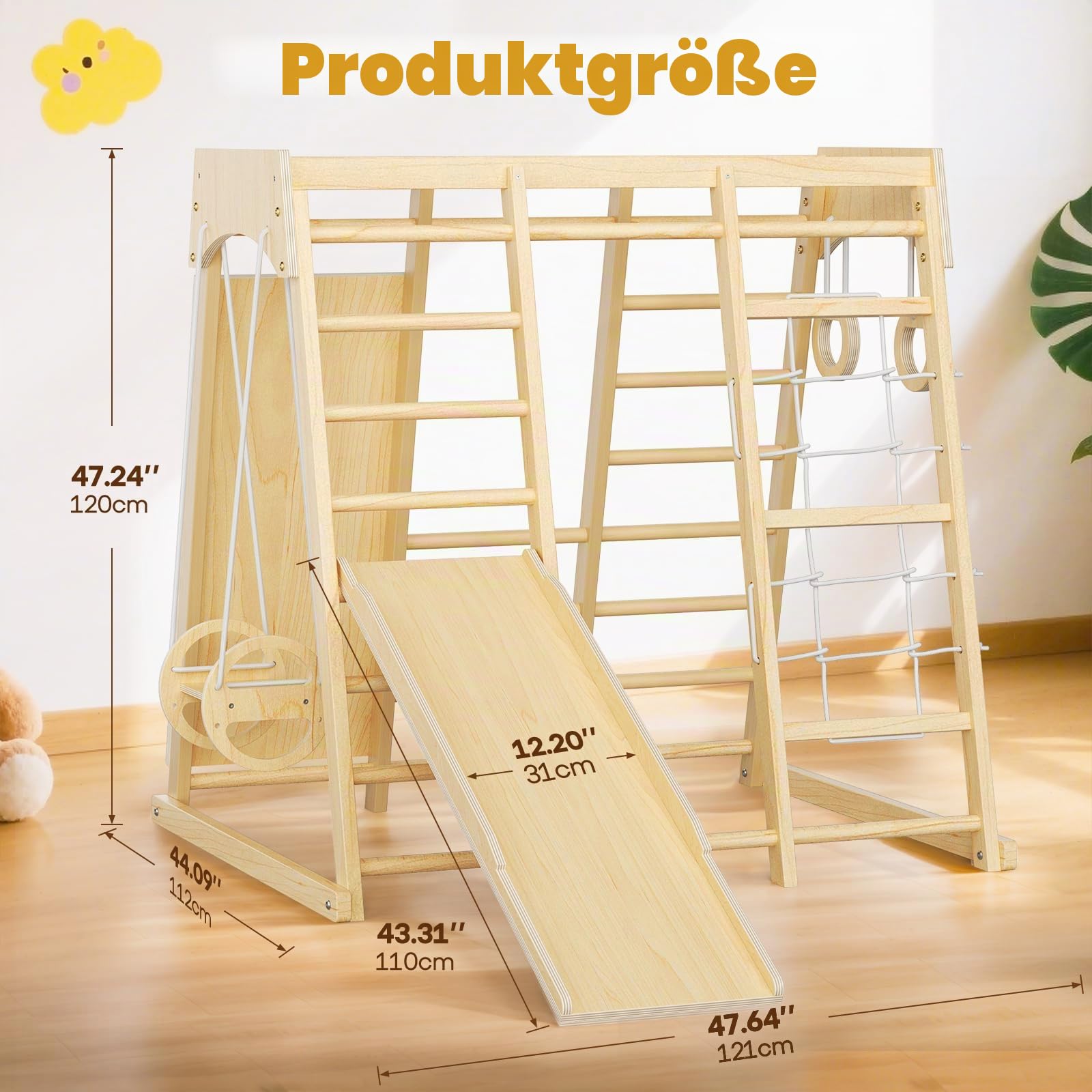 9-in-1-Klettergerüst für den Innenbereich für Kinder, Indoor-Spielplatz aus Holz mit Rutsche und Schaukel, Montessori-Kletterset mit Kletternetz und Klettergerüst