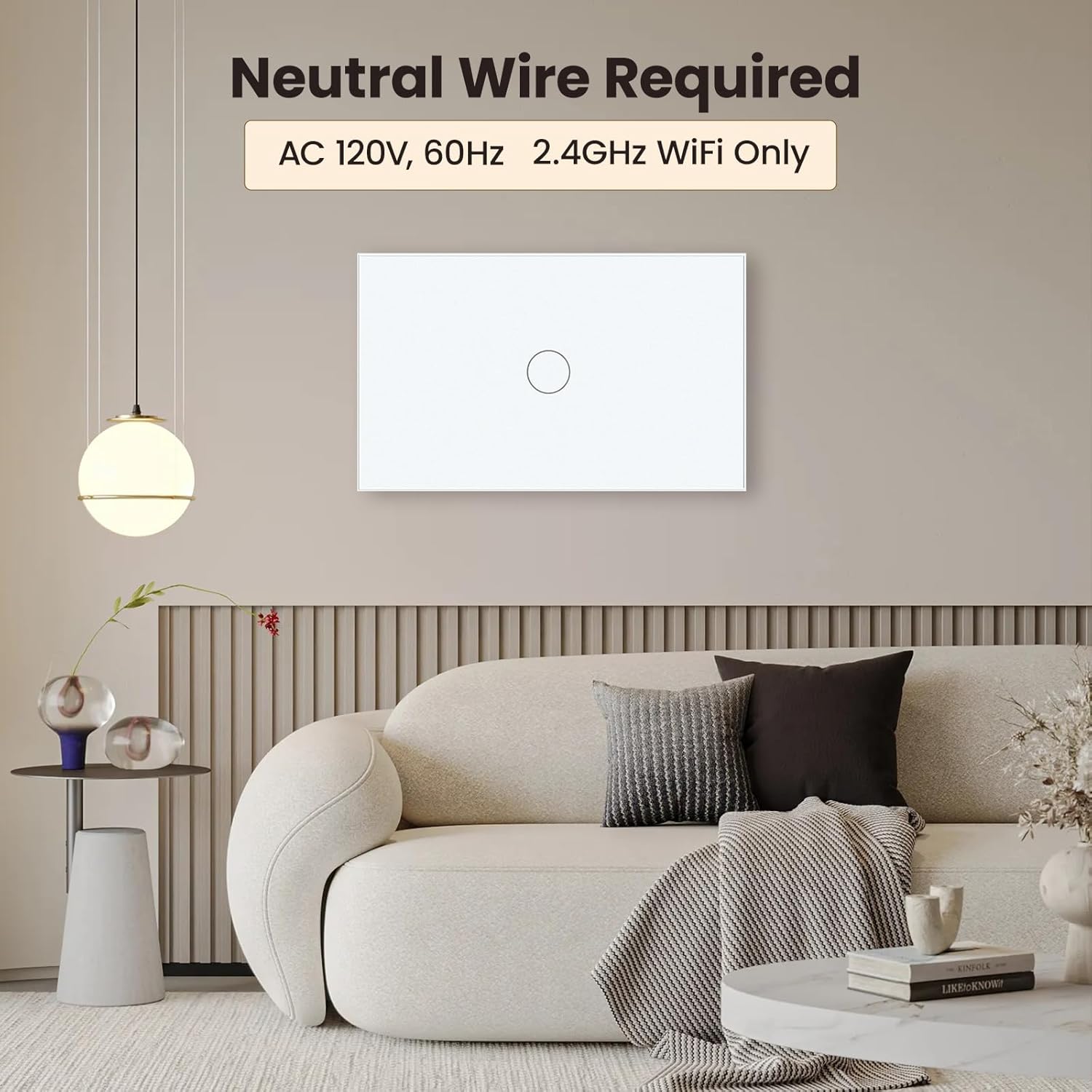 WiFi Smart Touch Light Switch, 1-Button Single-Gang Wall Switch, 110–220V 50/60Hz, Neutral Wire Required, 2.4GHz Tuya/Smart Life, Works with Alexa, Glass Panel, White 3 71KFMF8IORL. SL1500