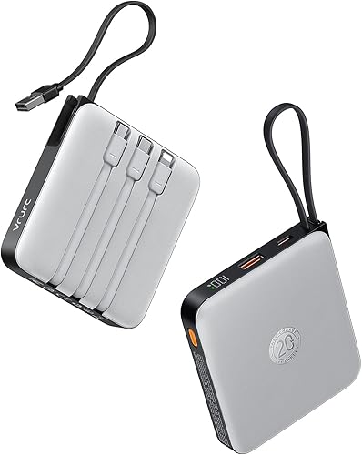 VRURC Cargador de teléfono portátil de 20000 mAh con 4 cables integrados, batería externa de carga rápida de 22.5 W, USB C, para iPhone 16, 15, 14,
