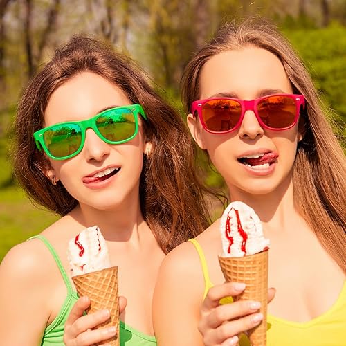 Miniatura 7 de Paquete de 1224 gafas de sol reflectantes de espejo colorido a granel, gafas de sol neón 80s 90s regalos de fiesta unisex