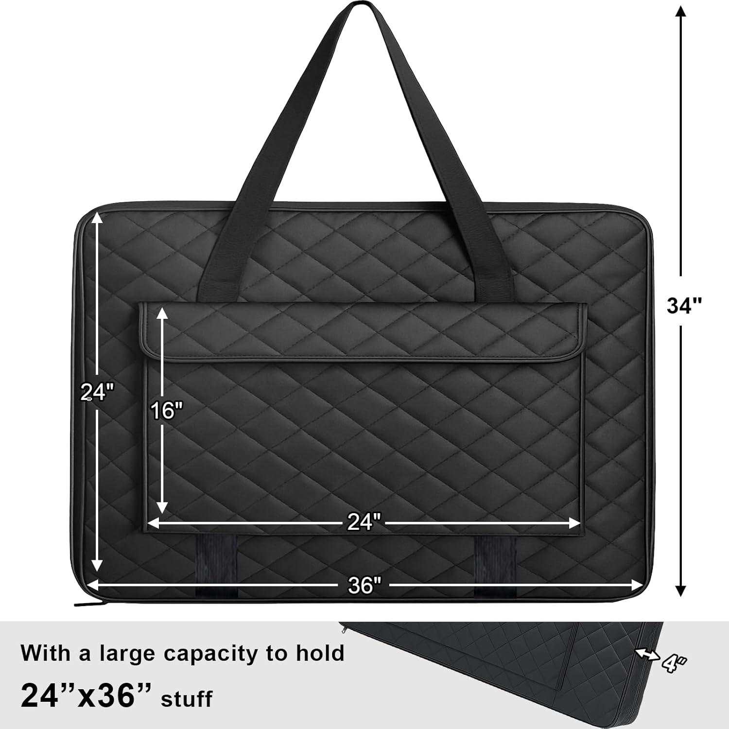 JJRING 24x36 Quilting Portfolio Bag, Lightweight Black Art Canvas Portfolio Case, Portable Storage Case for Posters, Artwork, Drawing and Sketching Boards 24*36
