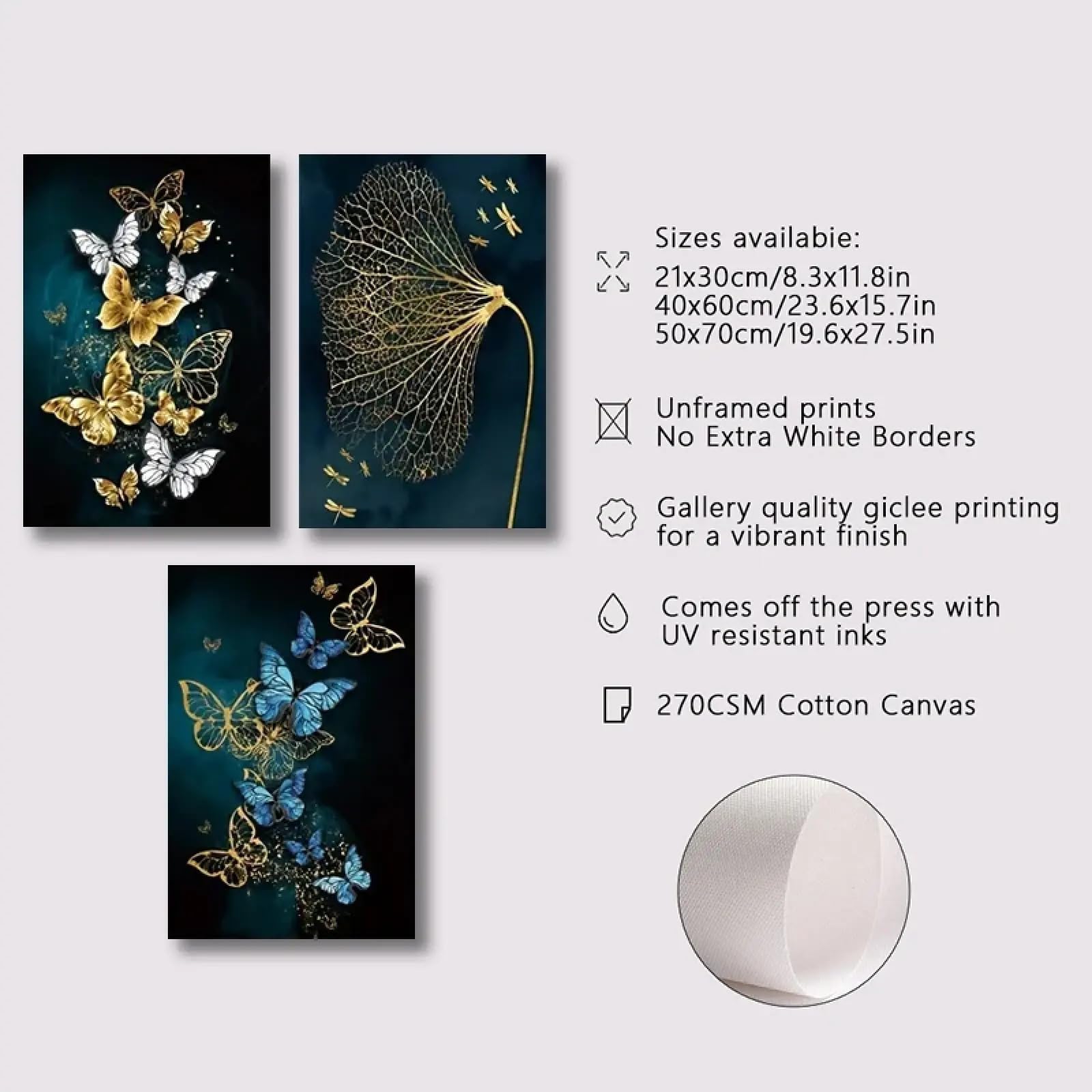 Cuadros de pared con hojas de mariposa azul dorado, pinturas artísticas, carteles de pared para decoración de sala de estar y dormitorio, impresiones en lienzo, carteles de 30 x 50 cm x 3 con marco