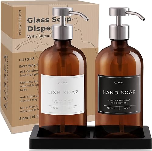 Miniatura 7 de Dispensador de jabón de loción, manos y platos para fregadero de cocina, juego de 2 botellas de vidrio de 16.8 onzas con bomba de acero inoxidable,