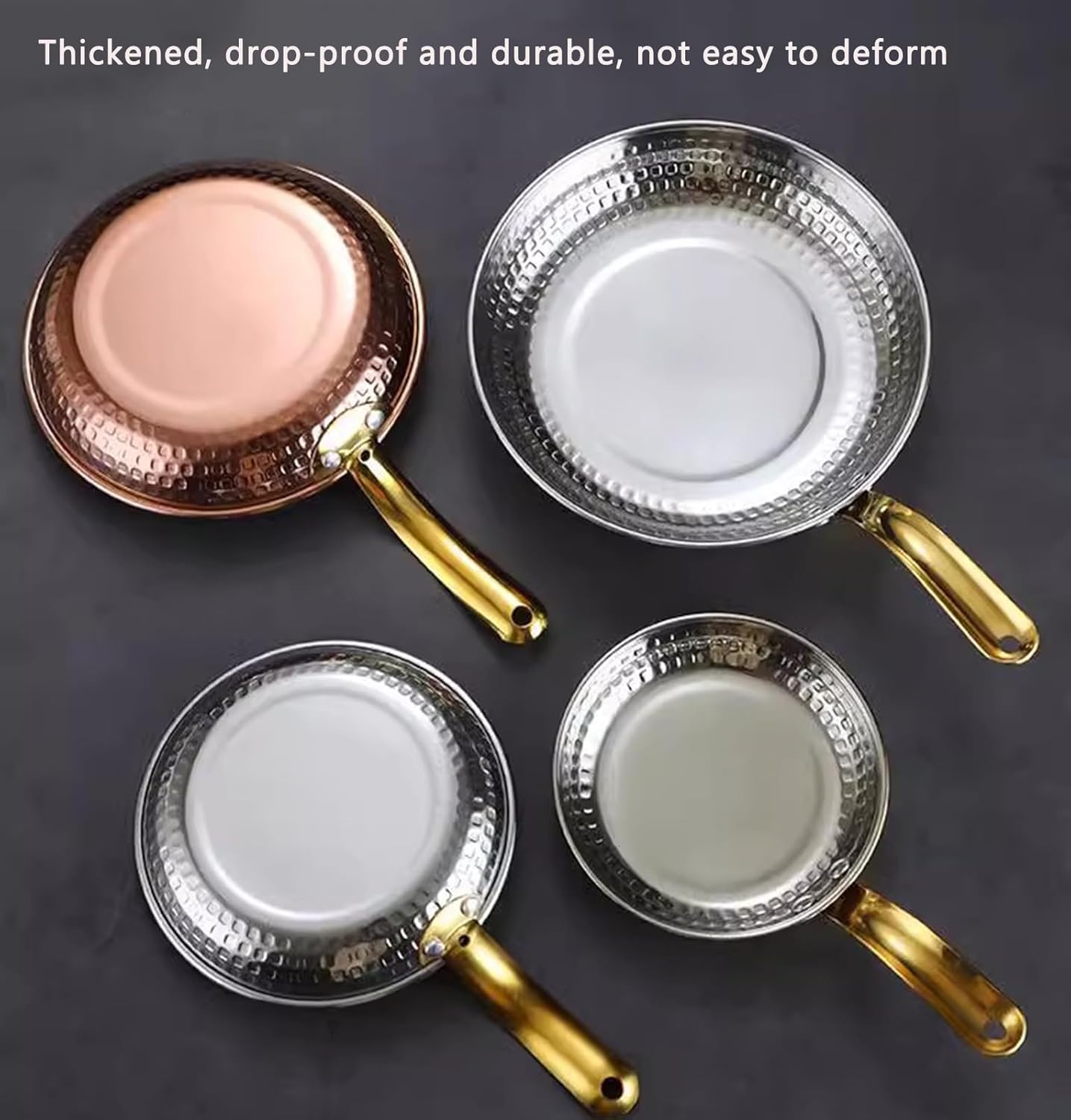 Hammered Stainless Steel Round Tray with Handle - 6 Sizes Serving Display Platter Dish Bowl Paella Pan Seafood Steak Plate Baking Sheet for Outdoors, Camping, Restaurants, and More (18CM,Gold)