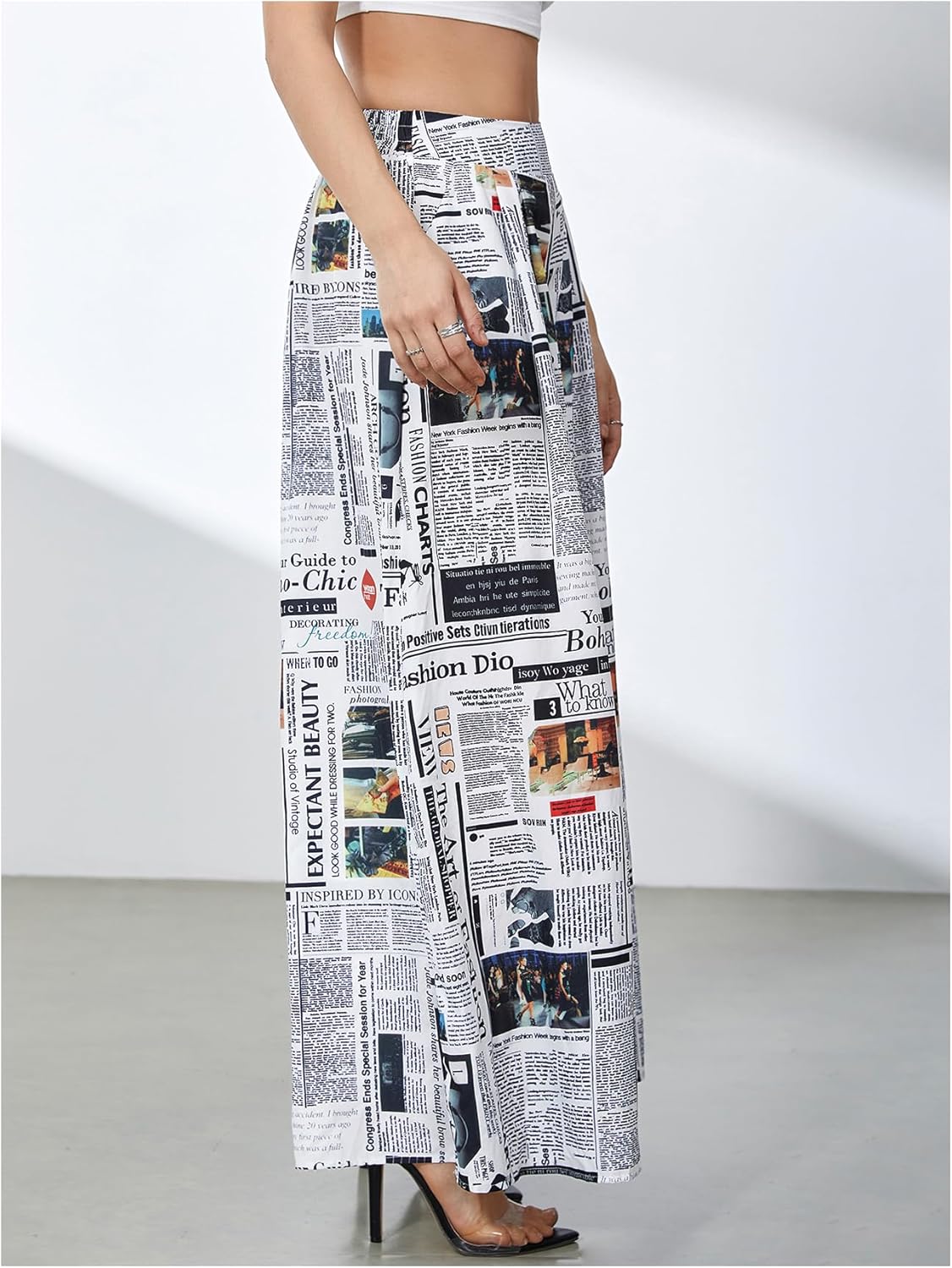 WDIRARA Women's Newspaper Print Wide Leg Pants Elastic Waist Loose Funky Letter Print Palazzo Pants - Image 2