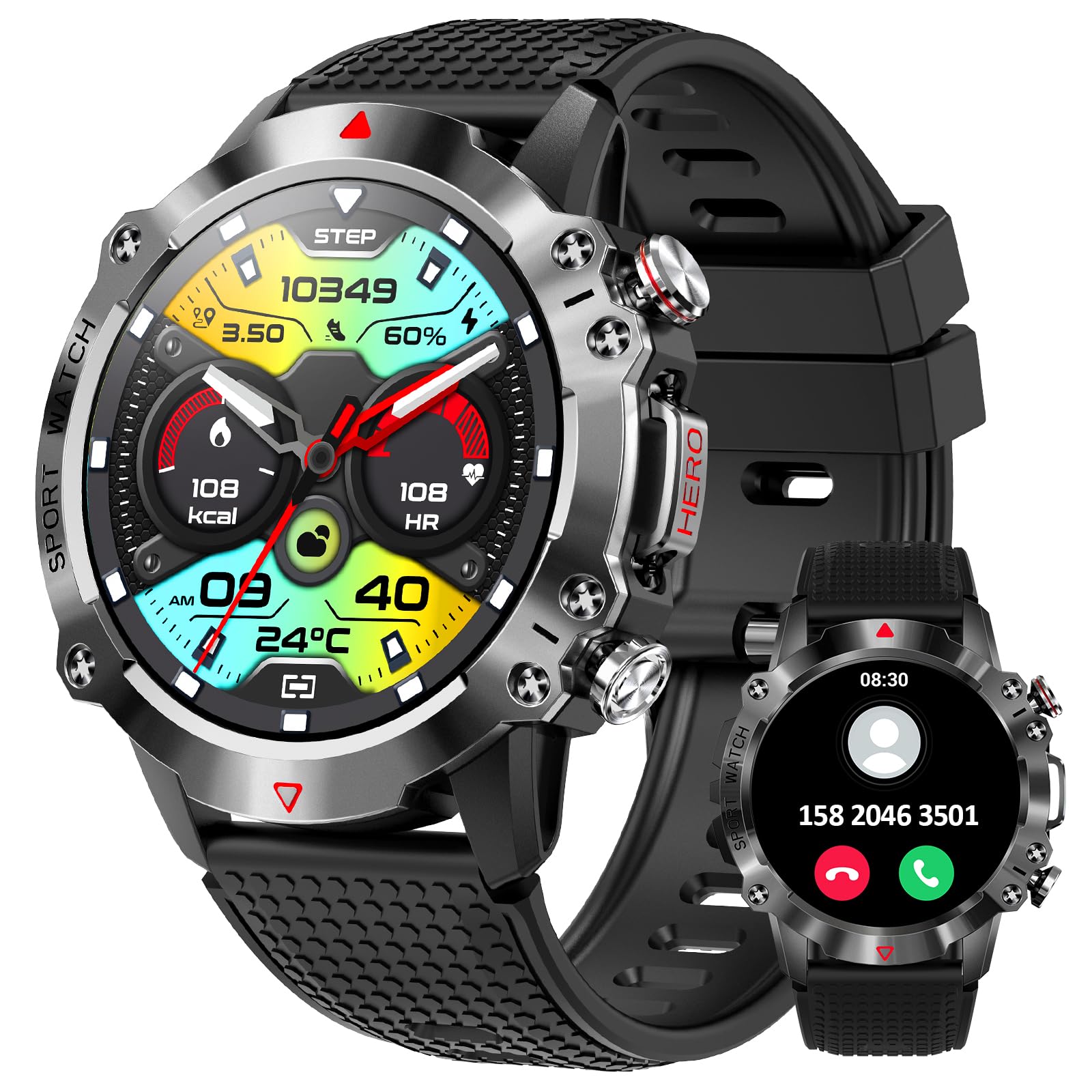 JELLOO Smart Watch militare da uomo, 1,39 pollici HD Bluetooth Chiamate Smartwatch per iPhone Android, IP68 Impermeabile Fitness Tracker Orologio con Frequenza Cardiaca, Monitoraggio del sonno, 100+