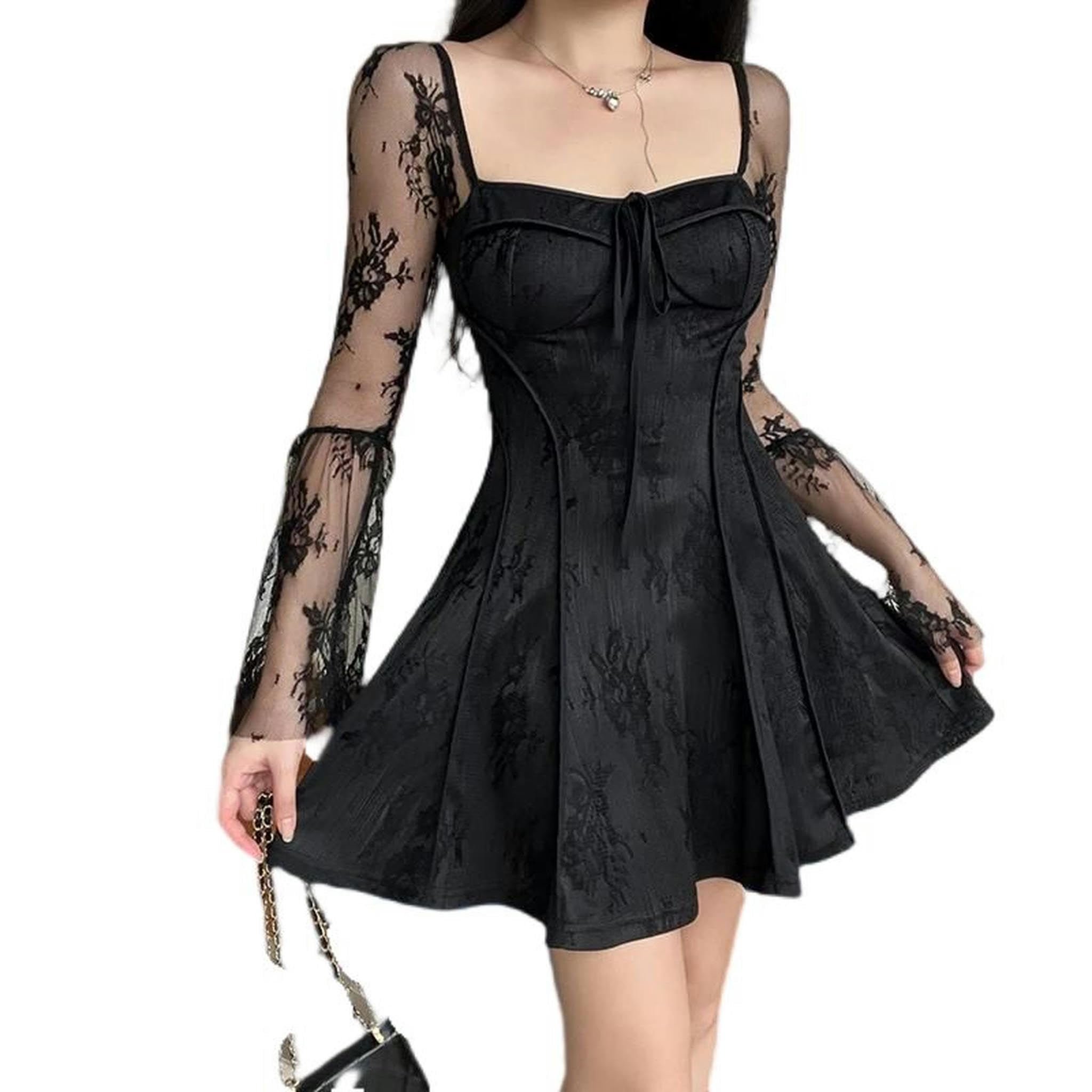 Abito da Donna a Maniche Lunghe Svasate Elegante Scollo Quadrato con Lacci e plissettatura a Trapezio, Abiti da Festa-Avorio-M