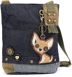 Chala Canvas Cross-body Messenger Handbags with Key-fob/Coin Purse - (Denim Blue/Chihuahua)