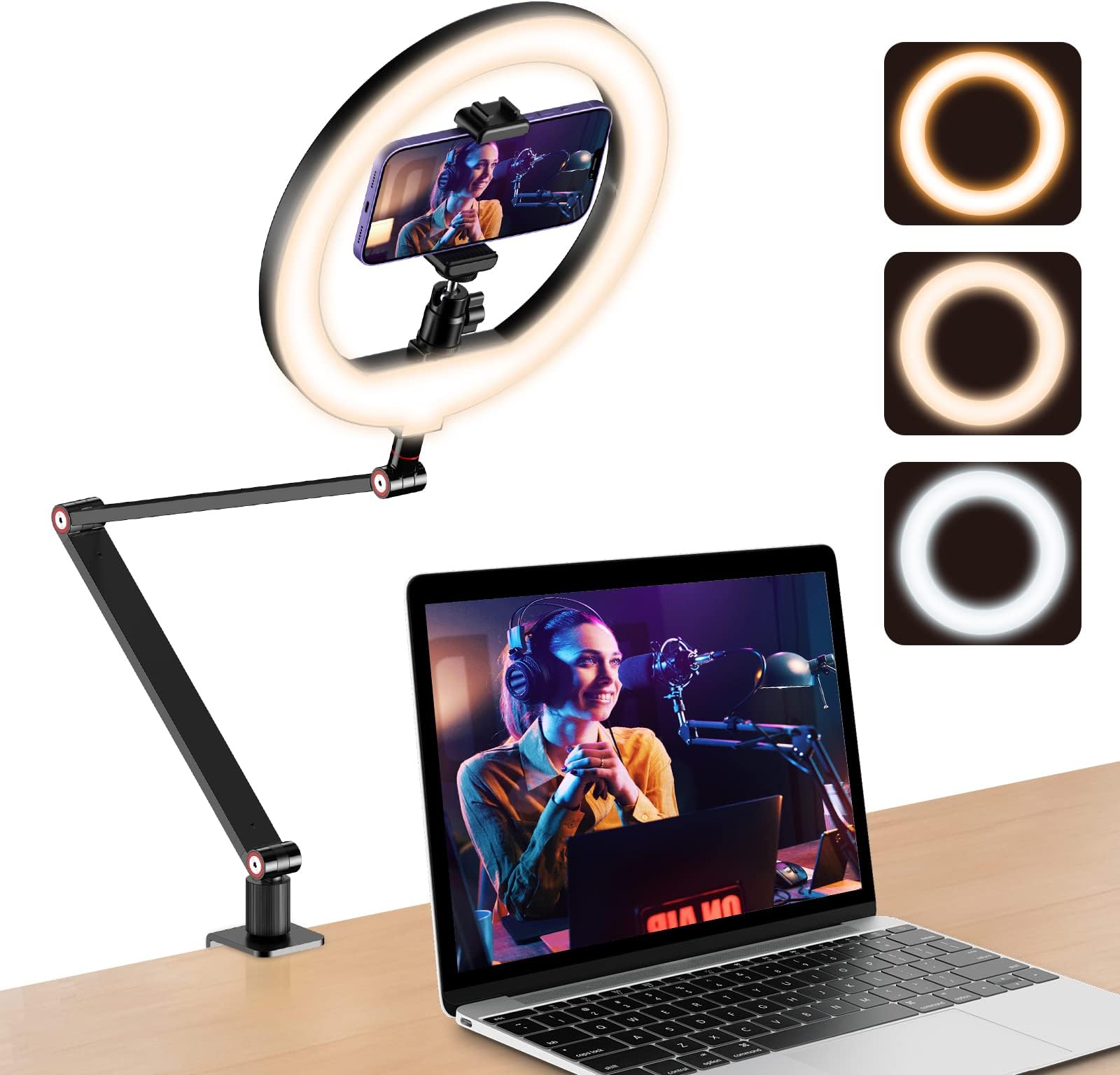 USB 10' Ring Light for Desk with Stand and Phone Holder Ring Light with Overhead Camera Mount and Adjustable Desk Arm Stand for Photography,Makeup, Zoom Calls, YouTube Videos