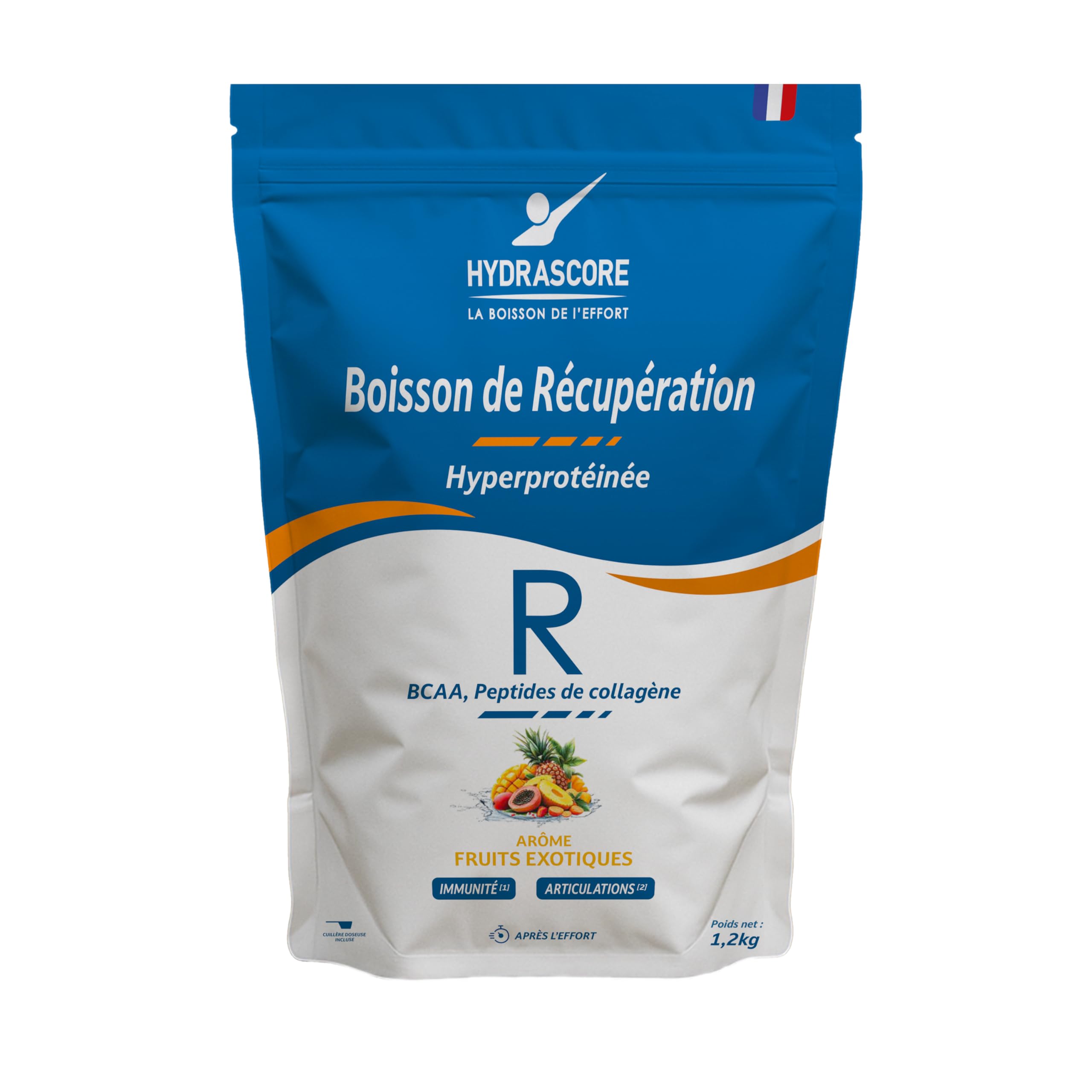 Hydrascore - Boisson de Récupération Fruits Exotiques 1200 g - Boisson Hyperprotéinée Après l’Effort – Récupération Muscles, Articulation Courbatures - Protéines & BCAA - Running, Trail, Vélo - H1047