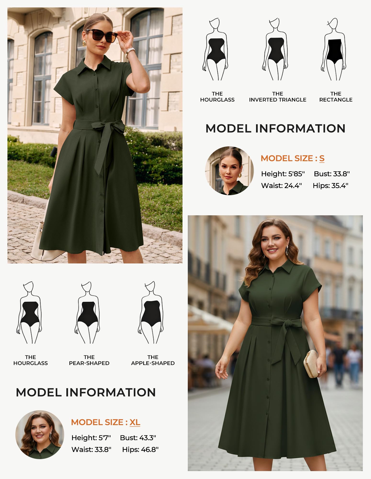 GRACE KARIN Damen Sommer Kurzarm Reverskragen Knöpfen Taillengürtel Kleid Elegant A-Linie Midi Blusenkleid mit Taschen