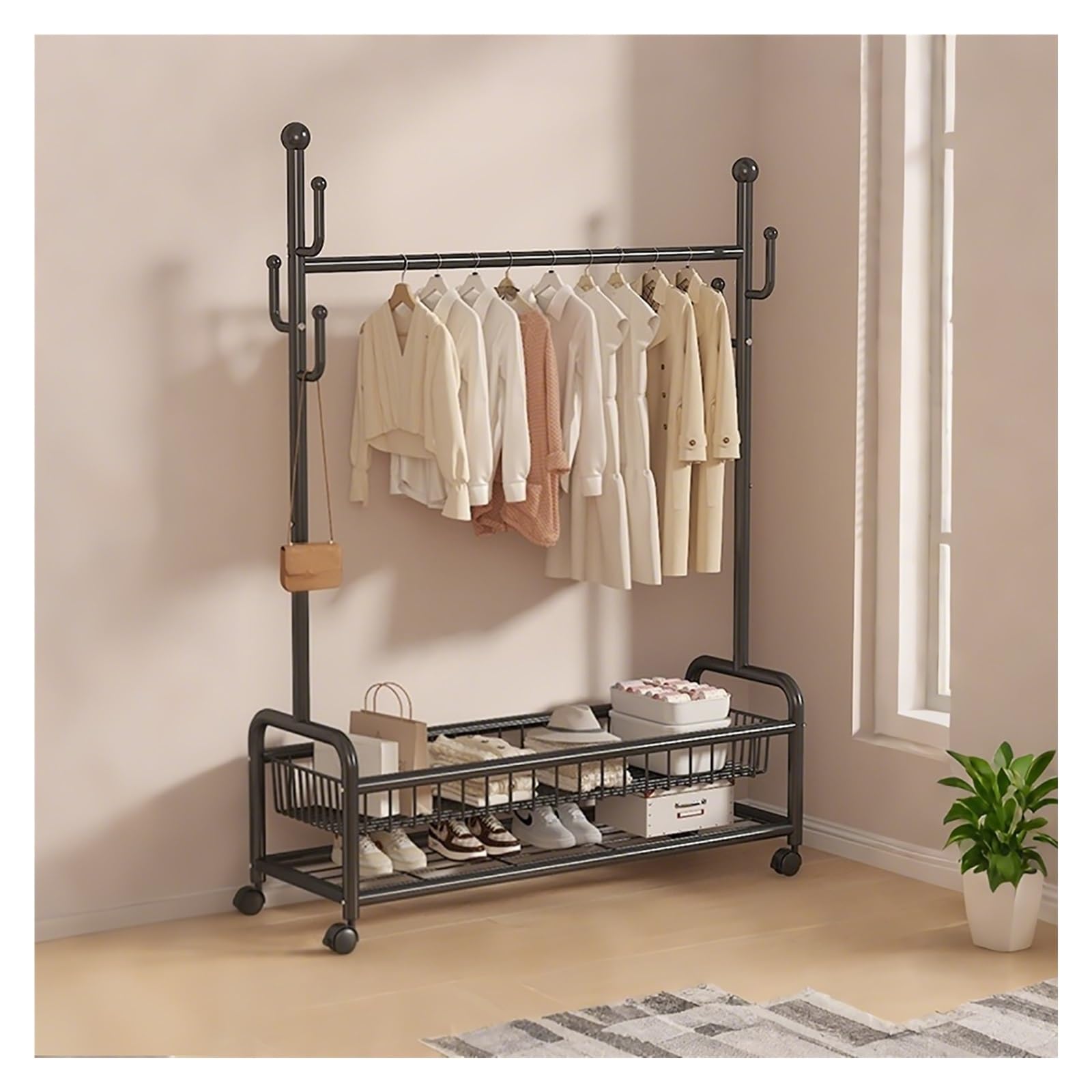 Lshtshf-ou Clothing Racks Heavy Duty Clothes Rack Hanging For With Shelves Rolling Coat Wardrobe Closet Garment For Bedroom(Black,60cm)