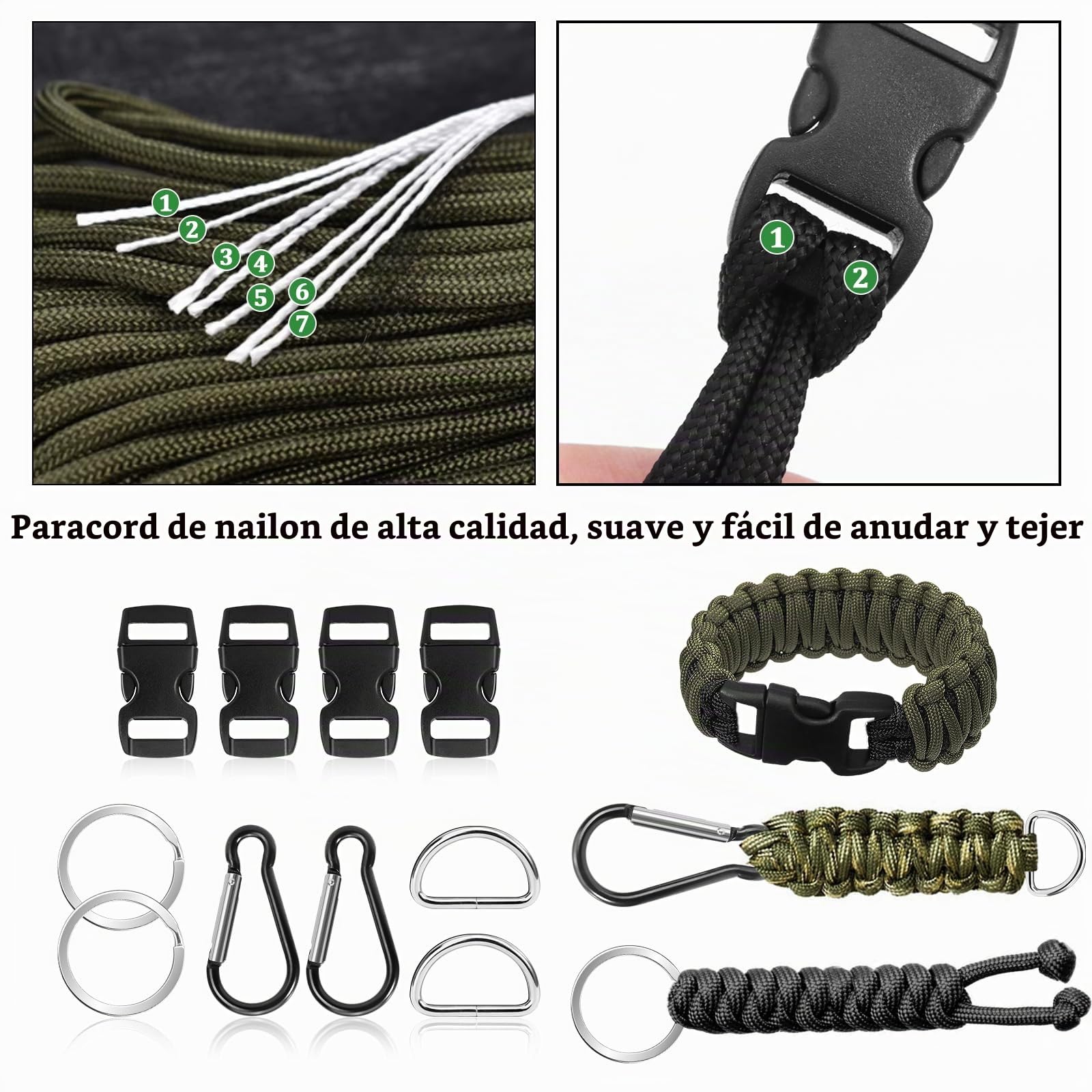 Paracord Pulsera Kit 15 Piezas 5 Rollos 33ft 10m 4mm Cuerda Nylon Hebillas Mosquetones Llaveros Manualidades Acampar