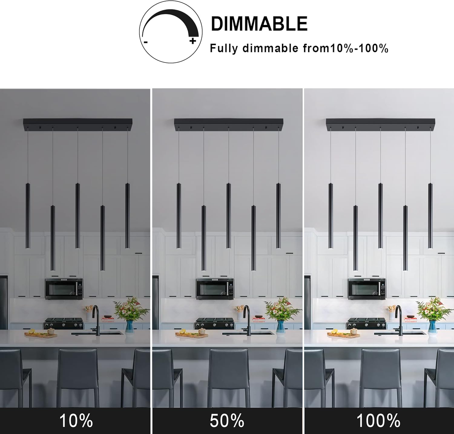 Pendant Light, 5-Light Cluster, Modern, Ceiling, Kitchen Island, Black, Dimmable LED, 1500 Lumen, 6000K