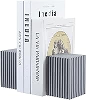 Modern Fluted Gray Concrete Bookends Set of 2 - Stylish Heavyweight Shelf Organizers for Desk & Bookshelf by MyGiftHome