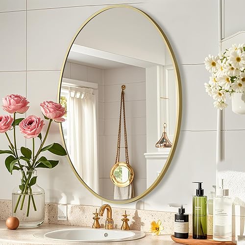 Miniatura 9 de Espejo de pared ovalado, espejo ovalado negro de 24 x 36 pulgadas, espejo de baño con marco de metal, espejo decorativo para pared para el hogar,