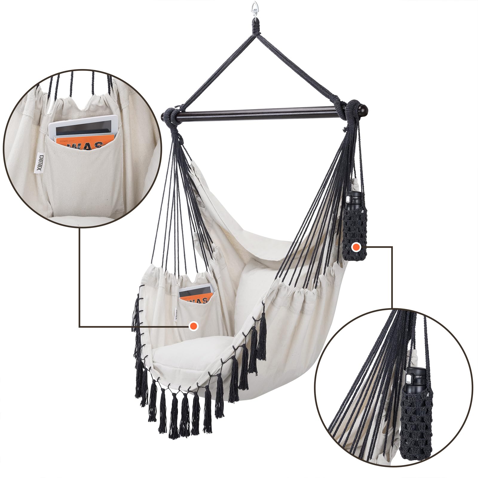 Detex Sedia Sospesa 150 kg Boho Style 2 Cuscini XL Amaca a Poltrona Portabevande Girevole 360°