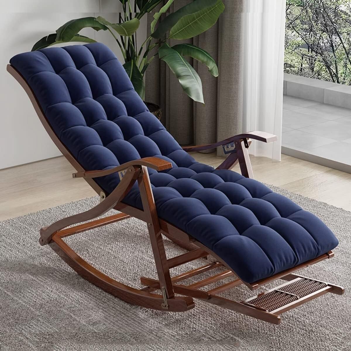 Mecedora tapizada, Silla reclinable Plegable de ratán de Madera, cómoda Mecedora con reposapiés y Acolchado Suave, sillón de salón para Patio, balancín Relajante (Azul, B)