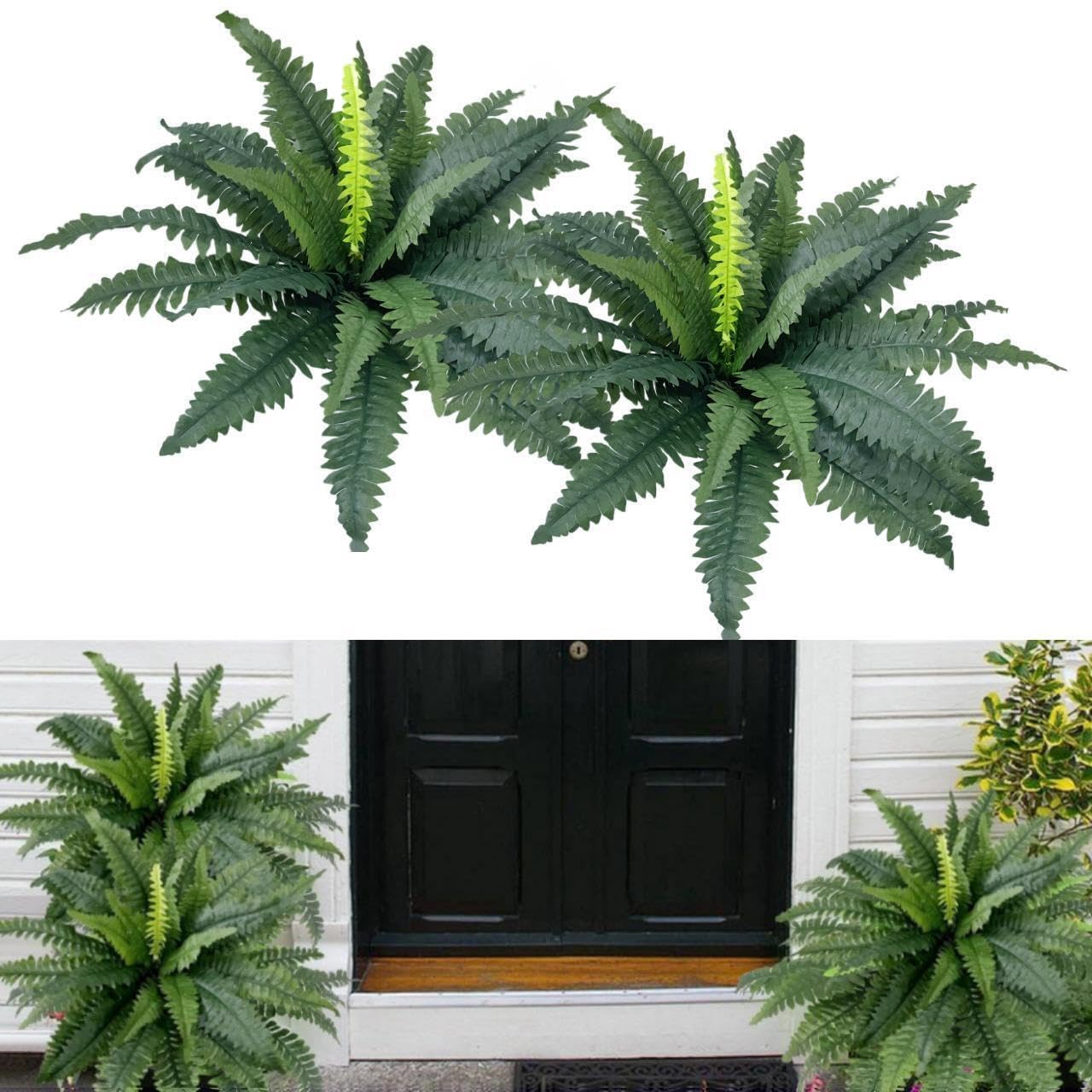 YELIKIT 2PCS Artificial Ferns for Outdoor Large Fake Plants Greenery Artificial Boston Fern UV Resistant Faux Plant Shrubs for Indoor Home Potted Garden Porch Farmhouse Decor