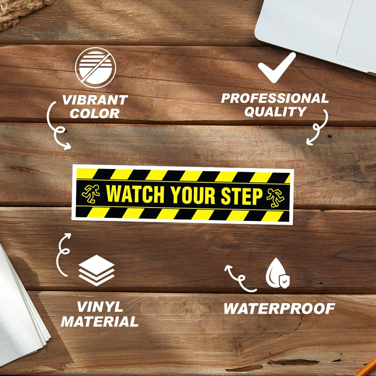 Watch Your Step Caution Safety Stickers Vinyl Adhesive Decals for Indoor Outdoor Use Floor Warning Sign Home Business Warehouse Stair Hazard Area 6Pcs Wall